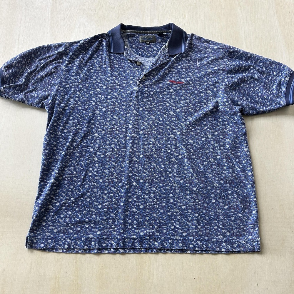 Vintage Raymond Floyd Polo Shirt Mens XL Blue Floral Golf Cotton Short Sleeve